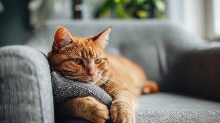 Cute red cat lying in grey armchair at home