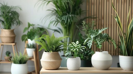 Different beautiful indoor plants in room. House decoration