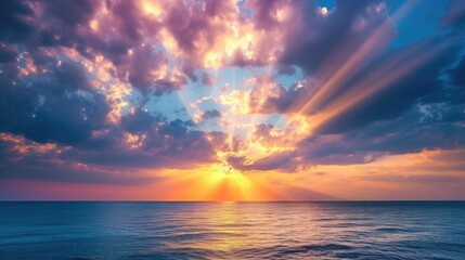 Dramatic Colorful Sunset Sky over Mediterranean Sea. Clouds with Sunrays. Cloudscape Nature Background. - obrazy, fototapety, plakaty