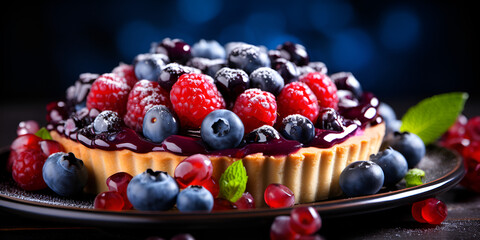 Fruit tart with fresh berries and kiwi, selective focus
as a dish in a high-end restaurant Delicious tartlet and fruits Delicious chocolate cake with summer berries on wooden black table.