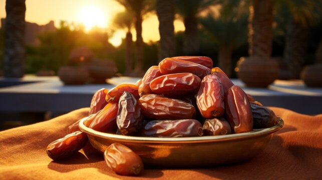 Dried date palm fruits on a bowl for ramadan food greetings. AI generated image