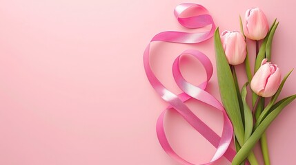 Figure 8 made of ribbon and tulip flowers for International Women's Day celebration on pink background with space for text