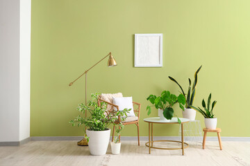 Interior of living room with green plants, table and armchair