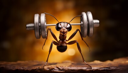 A resilient ant defies its size, showcasing impressive strength as it lifts tiny weights, embodying determination and miniature power.Generated image