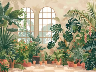 Home garden in retro style. Scandinavian interior design of winter indoor garden with houseplants. Old house orangery with potted tropic flowers, monstera, ceramic pots in boho. Greenhouse concept