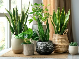 Indoor plants variete sansevieria, chlorophytum in the room with light walls, indoor garden concept