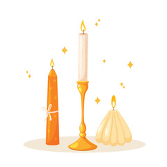 Vector illustration with different cozy flaming candles.
