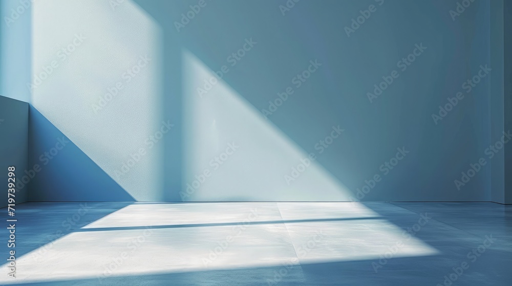 Poster light blue empty wall and smooth floor with interesting light glare. background for the presentation
