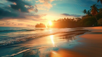 Landscape of paradise tropical island beach, sunrise shot - obrazy, fototapety, plakaty