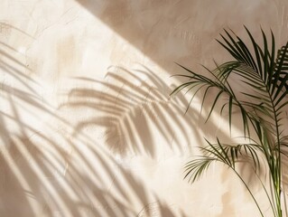 Minimal product placement background with palm shadow on beige plaster wall. Luxury summer architecture interior aesthetic
