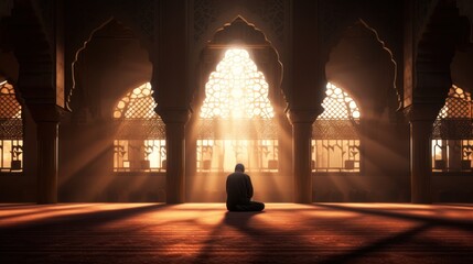 A good muslim man praying alone inside the mosque with sun beams. AI generated image