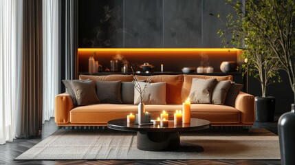 Modern interior of living room with stylish sofa and burning candles on table