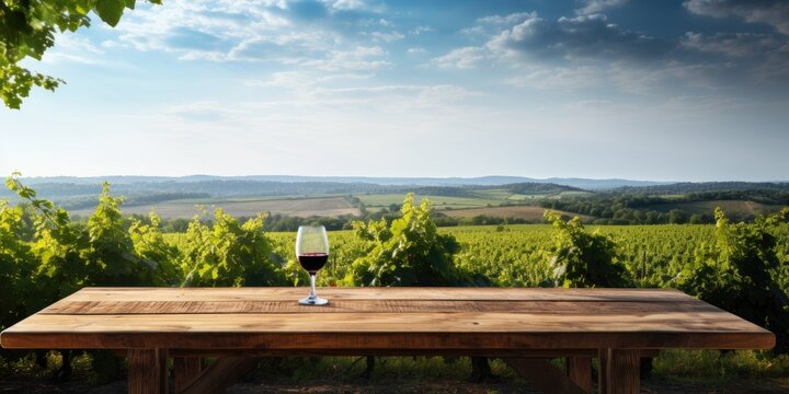 Energetic picture of a vineyard, with a clear wooden table.