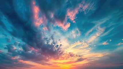 Obraz premium Real amazing panoramic sunrise or sunset sky with gentle colorful clouds. Long panorama