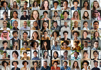 Team of diverse people coworkers in an international corporation. Grid of webcam faces
