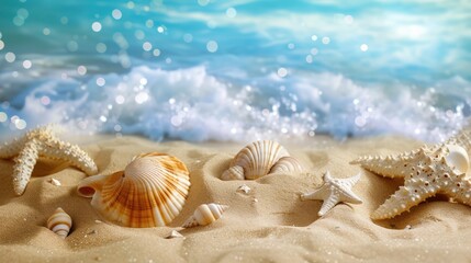 Fototapeta na wymiar Shell decoration on sand and sea landscape