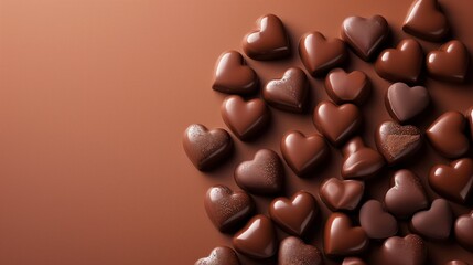 Fototapeta premium Heart-shaped chocolates arranged on a brown background, monochrome theme
