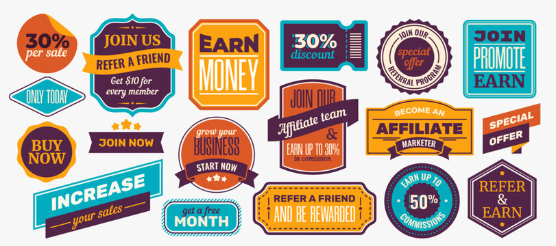 Referral or affiliate program stickers set. Badges with special offers, discounts and sales. Refer friends, grow your business, earn money. Cartoon flat vector collection isolated on white background