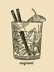 Hand drawn alcoholic cocktail. Refreshing summer aperitif with vermouth and gin. Vintage sketch with glass of Negroni. Retro poster for bar. Linear flat vector illustration isolated on background