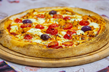 Traditional Brazilian chicken pizza with catupiry cheese, long-aged dough baked on a stone
