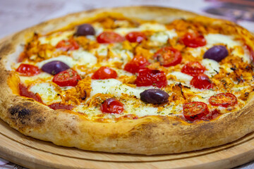 Traditional Brazilian chicken pizza with catupiry cheese, long-aged dough baked on a stone
