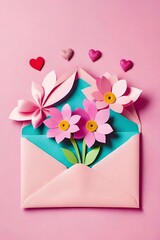The open envelope is decorated with flowers and hearts. A small pink bow adorns the left side of the envelope.