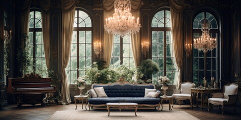 Opulent vintage room with classic furniture, large windows, mirrors, chandeliers, and sophisticated sofa.