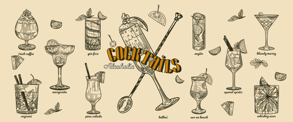 Obraz premium Set of hand drawn alcoholic cocktails. Pina Colada, Bloody Mary, Irish coffee, Aperol, Mojito, Margarita and Bellini. Vintage style sketches. Linear flat vector illustration isolated on background