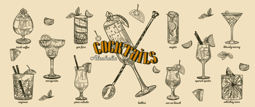 Set of hand drawn alcoholic cocktails. Pina Colada, Bloody Mary, Irish coffee, Aperol, Mojito, Margarita and Bellini. Vintage style sketches. Linear flat vector illustration isolated on background