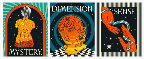 Set of psychedelic acid posters with ancient sculptures. Space abstract covers with Greek statues. Design elements for printing on T shirts. Cartoon flat vector collection isolated on white background