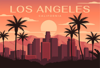 Travel destination poster. Postcard with landscape of American city of Los Angeles in California. Cityscape with skyscrapers, palm trees and sun. Tourism and vacation. Cartoon flat vector illustration © Rudzhan
