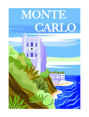 Travel Destination Poster. Paradise seascape with beach, historical building and green hills. Vacation in European resort of Monte Carlo. Cartoon flat vector illustration isolated on white background