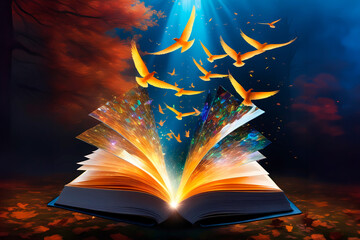 An open book, whose leaves turn into birds. Concept of incentive to the imagination produced by reading. AI Generation. - obrazy, fototapety, plakaty