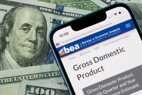 Portland, OR, USA - Jan 25, 2024: Webpage of Gross Domestic Product (GDP) is seen on the website of the Bureau of Economic Analysis (BEA). U.S. economy grew at 3.3% rate in the 4th quarter of 2023.