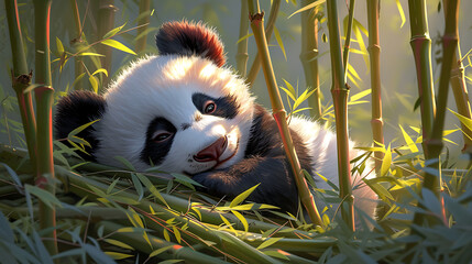 An adorable panda bear cub nestled among bamboo shoots