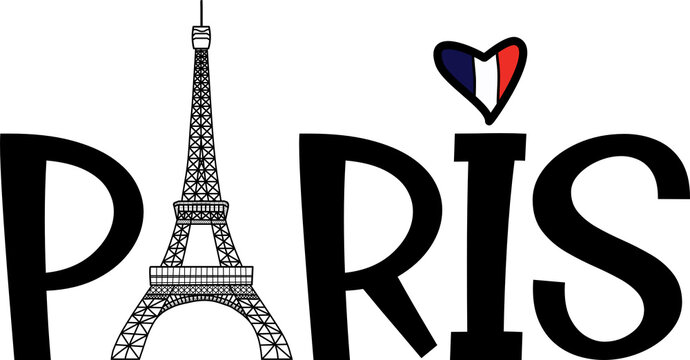 Paris Typography with an Eiffel Tower and a French Flag Heart 
