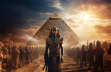 In mystical Egypt, a regal pharaoh stands against the backdrop of pyramids, commanding the majestic presence of the ancient Egyptian army.Generated image - obrazy, fototapety, plakaty