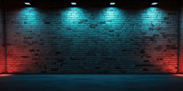 Dark room with brick walls and neon light, no furniture.