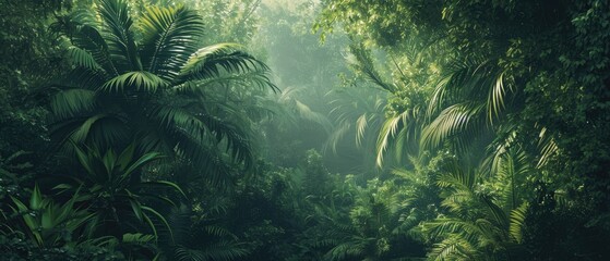 Fototapeta na wymiar Dawn in the jungle. Tropical background. A beautiful path through the jungle. Mysterious impenetrable jungle overgrown with exotic plants. Jungle. Atmospheric forest. Tropical paradise. Generative AI