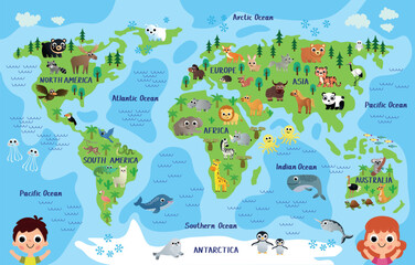 Childrens world map with animals. Charming map for kids with different countries, continents and their wild live. Study of beasts and fauna. Design for wallpaper. Cartoon flat vector illustration © Rudzhan