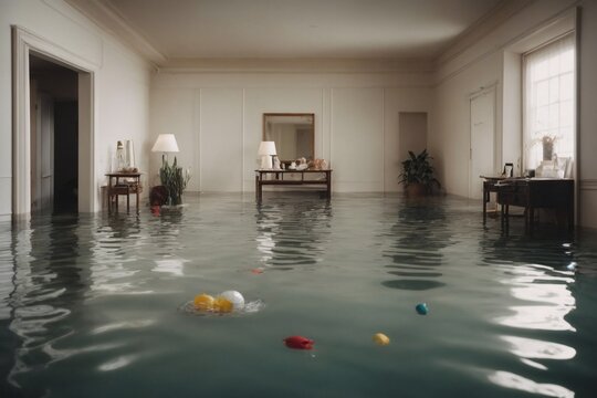Flooded Living Room With Tables and Chairs. Generative AI.