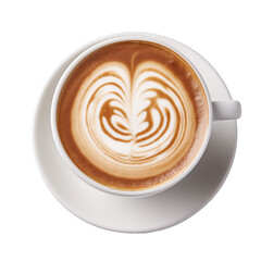 Top view a cup of coffee with latte art on white background