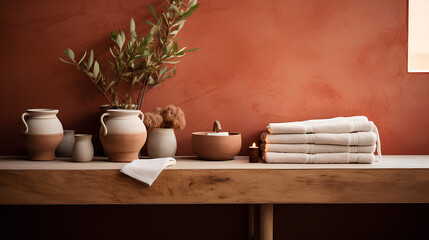 Fototapeta na wymiar Warm spa ambiance featuring terracotta towels rolled and stacked on wooden ledge