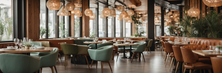 Interior de una moderna cafetería, amplia y luminosa, con grandes ventanales