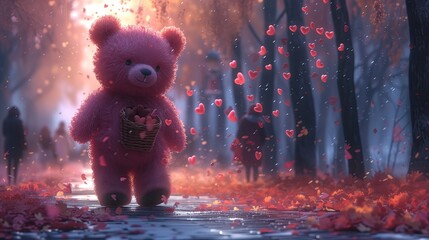 A pink teddy bear walks through the streets and countryside on Valentine's Day, throwing hearts - obrazy, fototapety, plakaty