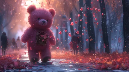 Fotobehang A pink teddy bear walks through the streets and countryside on Valentine's Day, throwing hearts © maaramore©	