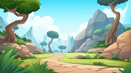 Obraz na płótnie Canvas cartoon illustration landscape, winding path lush greenery, past towering trees and rocky outcrops,