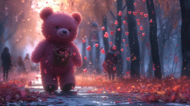 A Pink Teddy Bear Walks Through The Streets And Countryside On Valentine's Day, Throwing Hearts