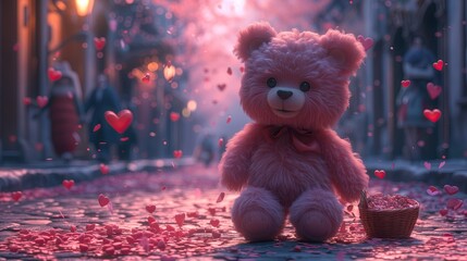 A pink teddy bear walks through the streets and countryside on Valentine's Day, throwing hearts