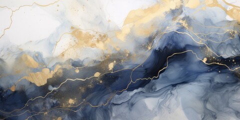 Abstract 2D illustration with blue marble pattern, grey and gold inclusions.